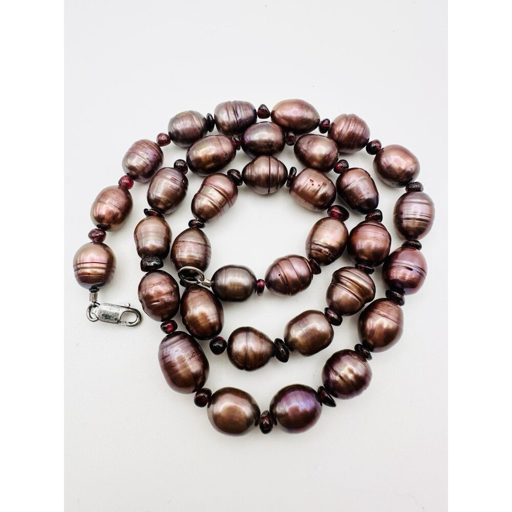 Sterling Silver Natural Ringed Chocolate Pearl & Garnet Necklace - 20” 9.5mm